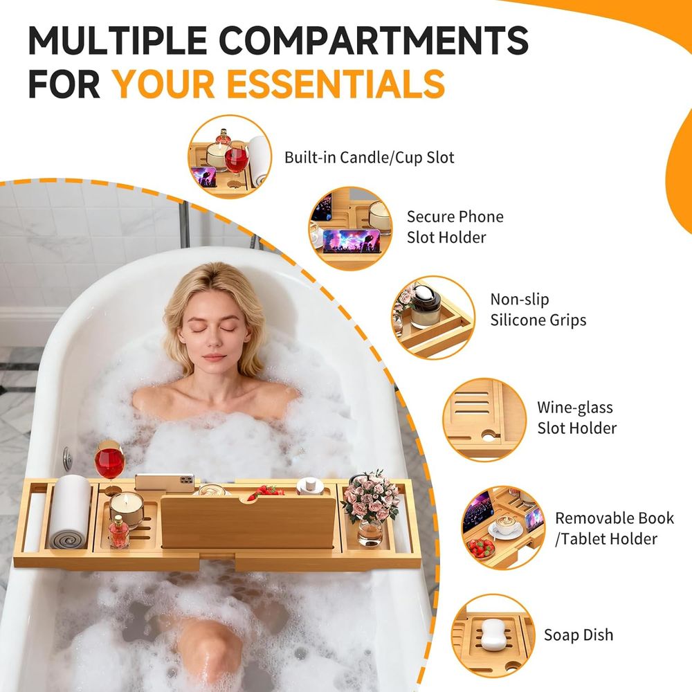 Elegant Bamboo Bath Caddy with - đánh giá và giá Bath Caddy Tray